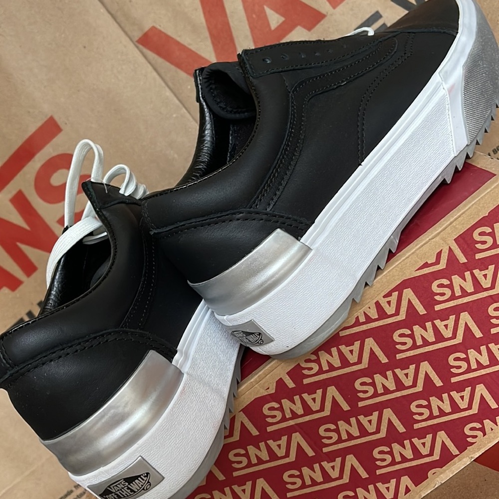 Vans Old Skool Stacked Platforms Shiny Black/True White Men’s - Picture 15 of 16